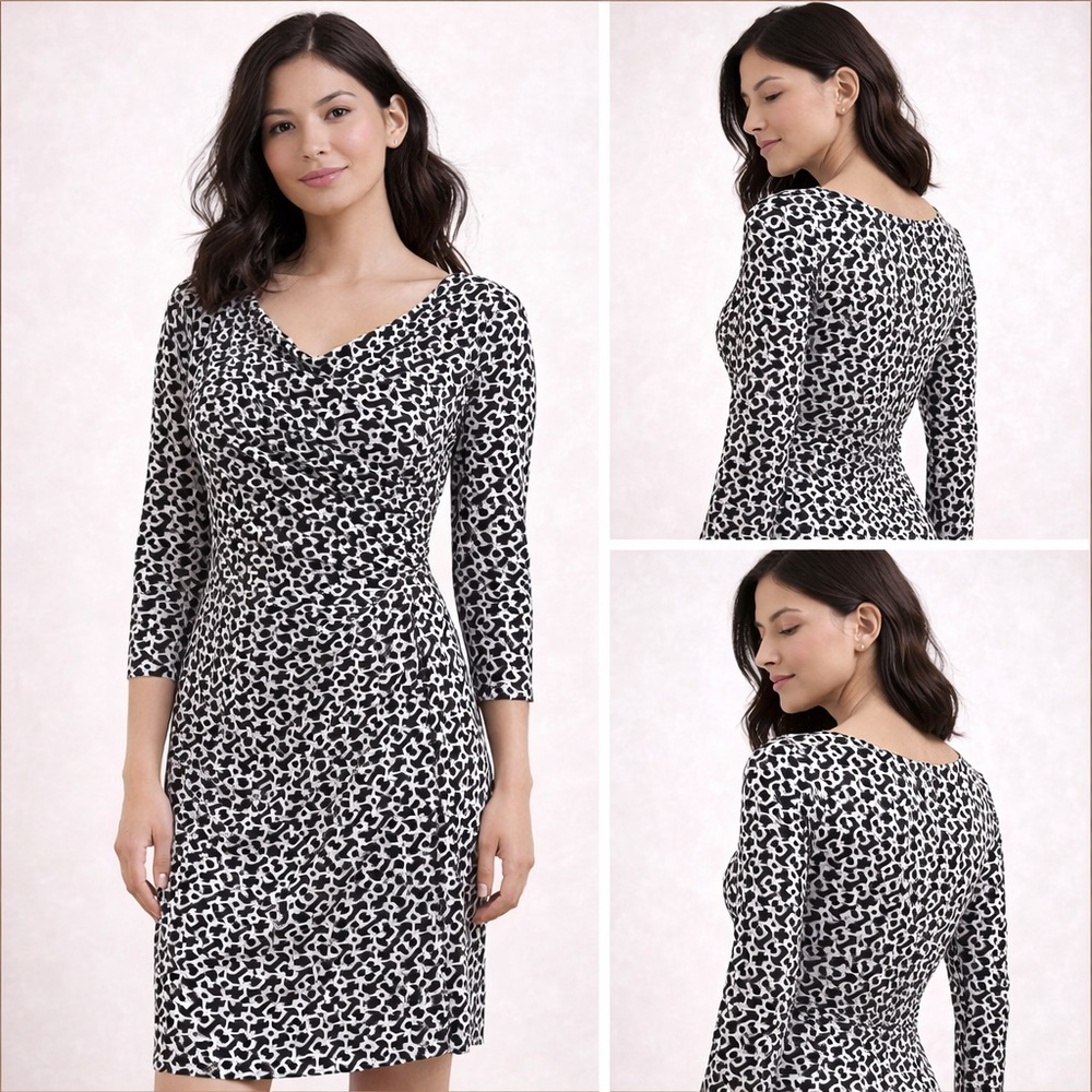 Lauren Ralph Lauren Black White Chain Print Ruched Dress Wrap Style Knee Length